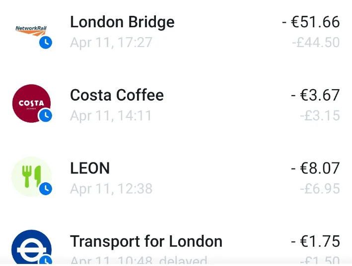 Revolut exemplos de movimentos na aplicação, euros para LIbras