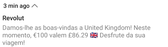 Revolut notificação câmbio euro libras