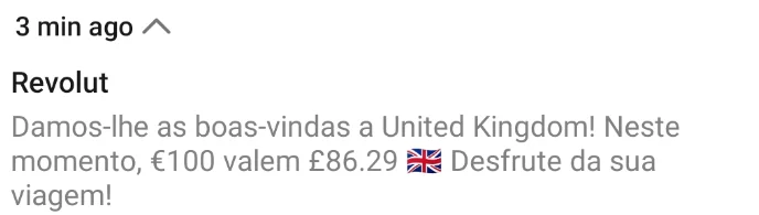 Revolut notificação câmbio euro libras